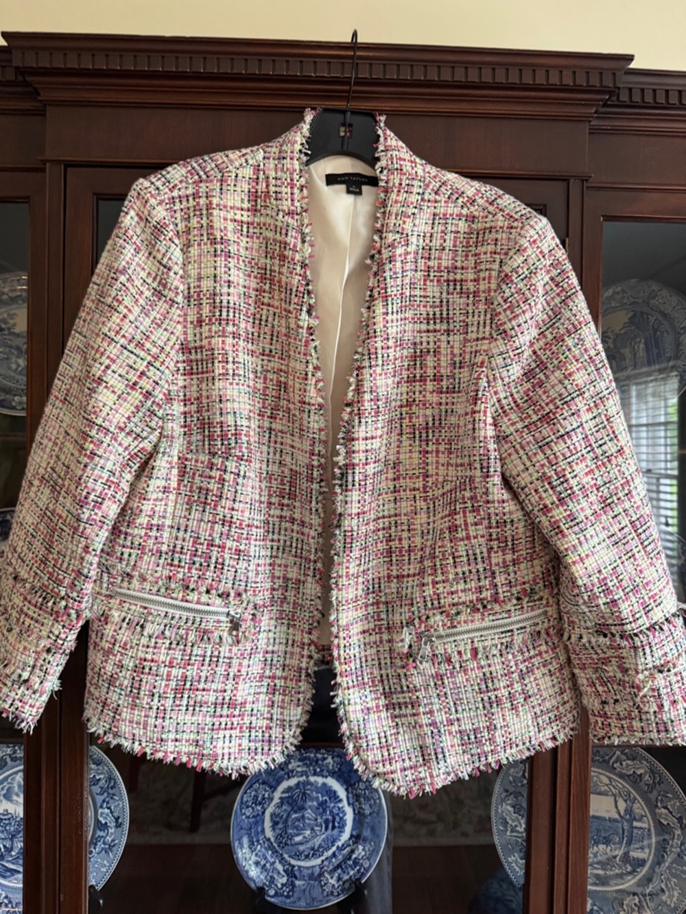 Ann Taylor Pink Multi Tweed Fringe Open-Front Jacket